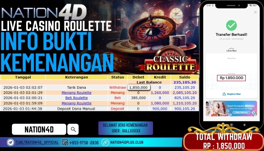 NATION4D -LIVE CASINO ROULETTE RP.1,850,000 LUNAS!