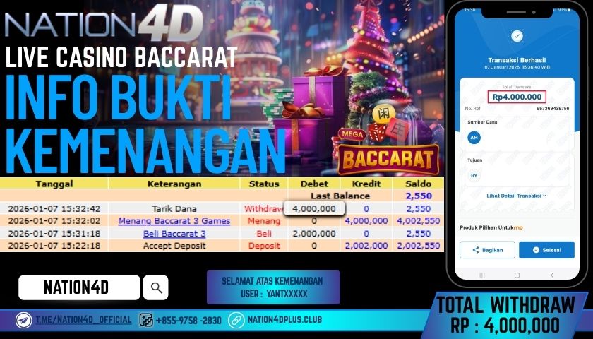 NATION4D-LIVE CASINO BACCARAT RP.4,000,000 LUNAS!