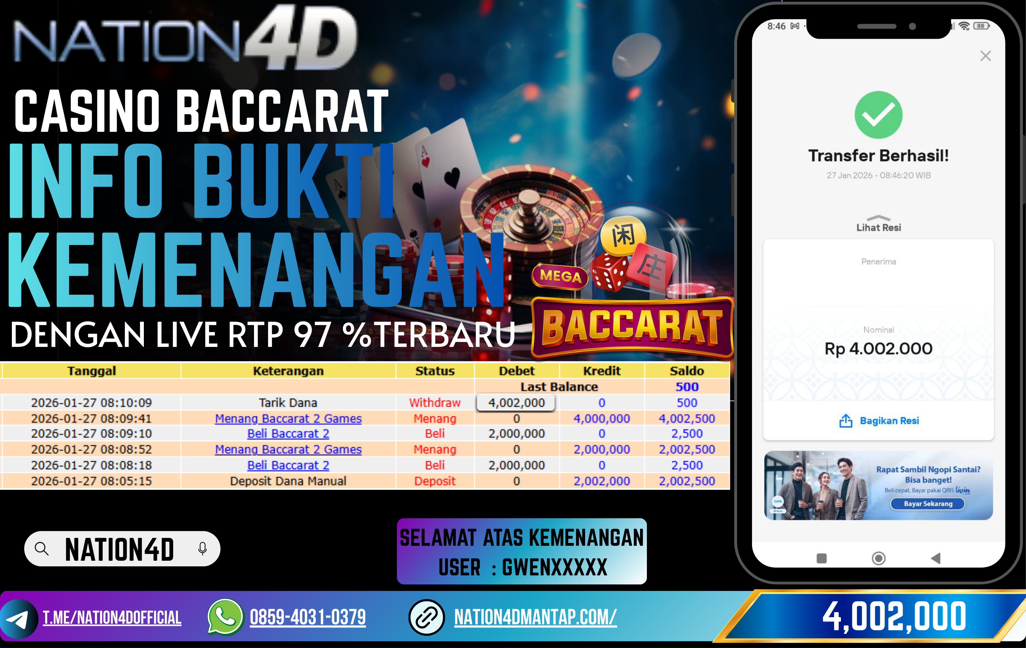 NATION4D-LIVE CASINO BACCARAT RP.4,002,000 - LUNAS!